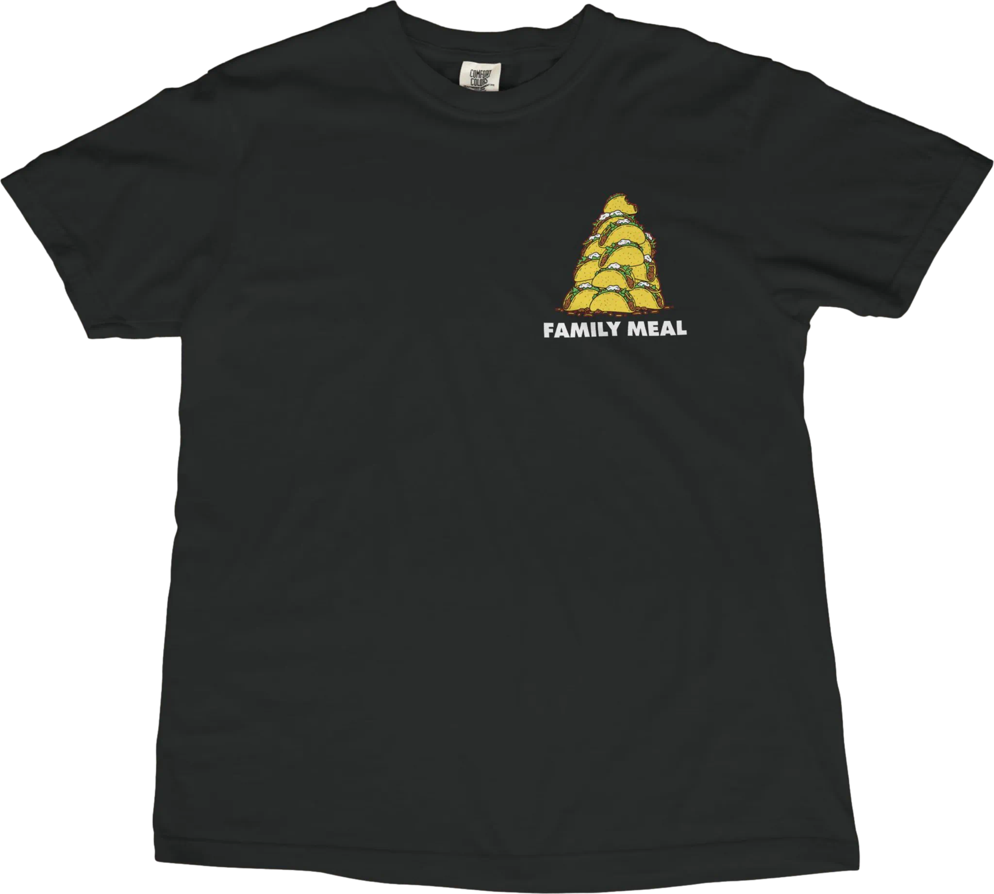 Black t-shirt with a yellow graphic and 'FAMILY MEAL' text on a white background