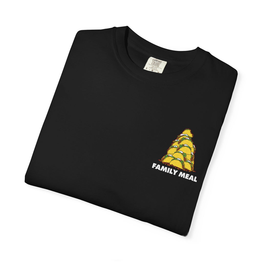Black t-shirt with a yellow graphic and 'Family Meal' text on a white background