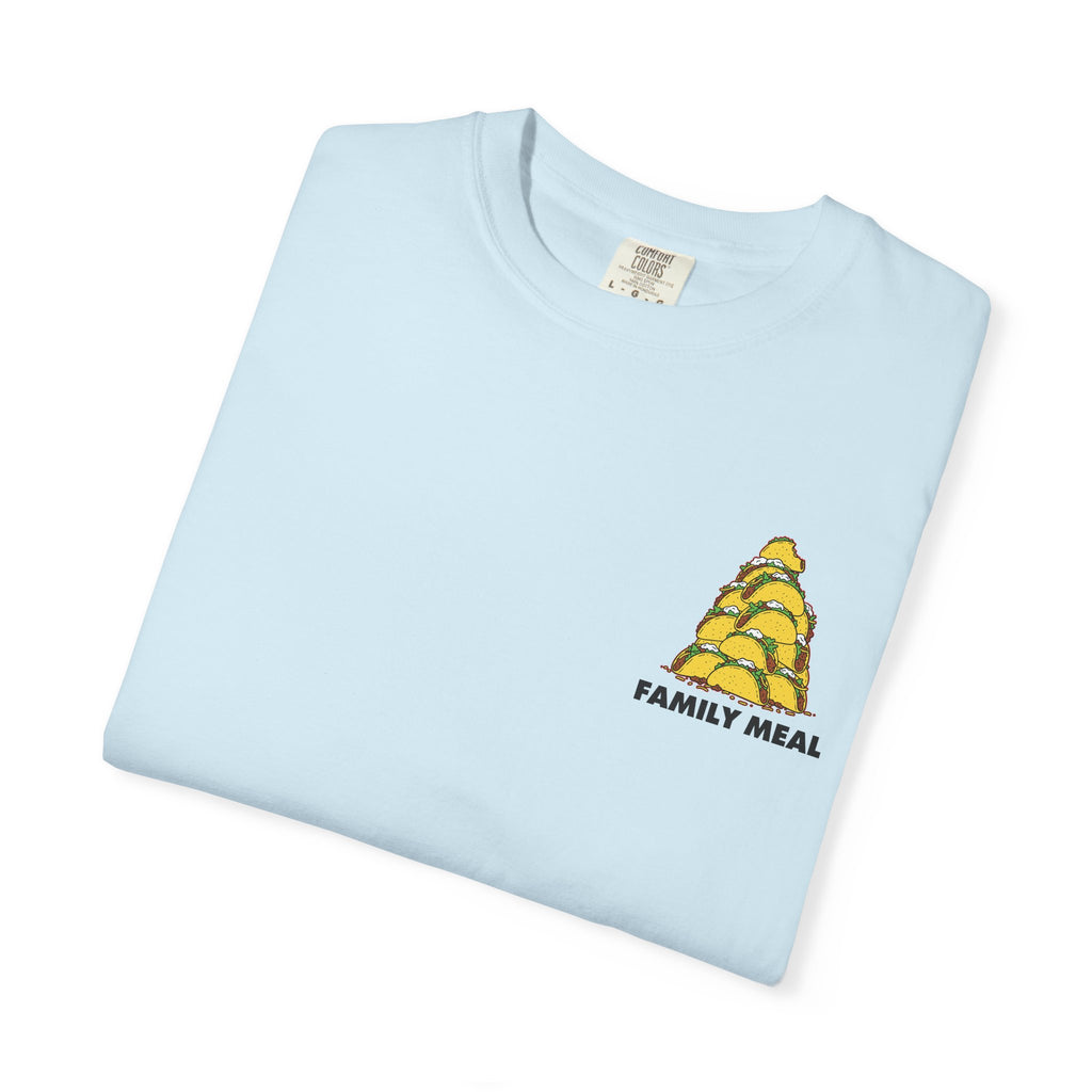Light blue t-shirt with 'Family Meal' graphic on a white background