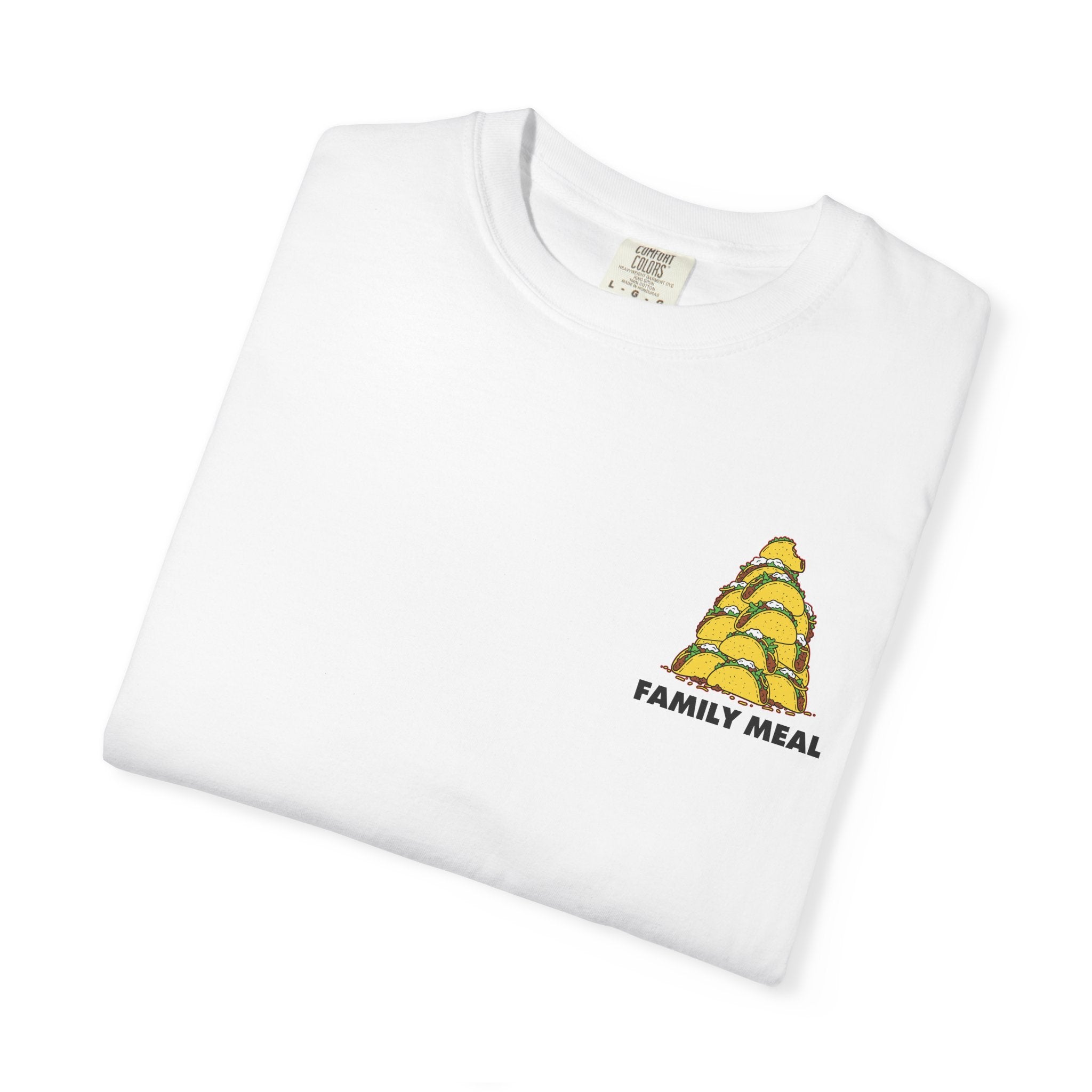 White t-shirt with 'Family Meal' graphic on a white background