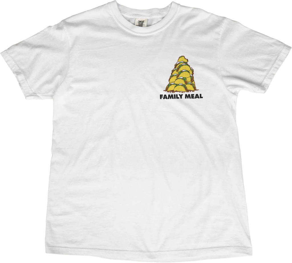 White t-shirt with a graphic of a cornucopia and 'Family Meal' text on a white background