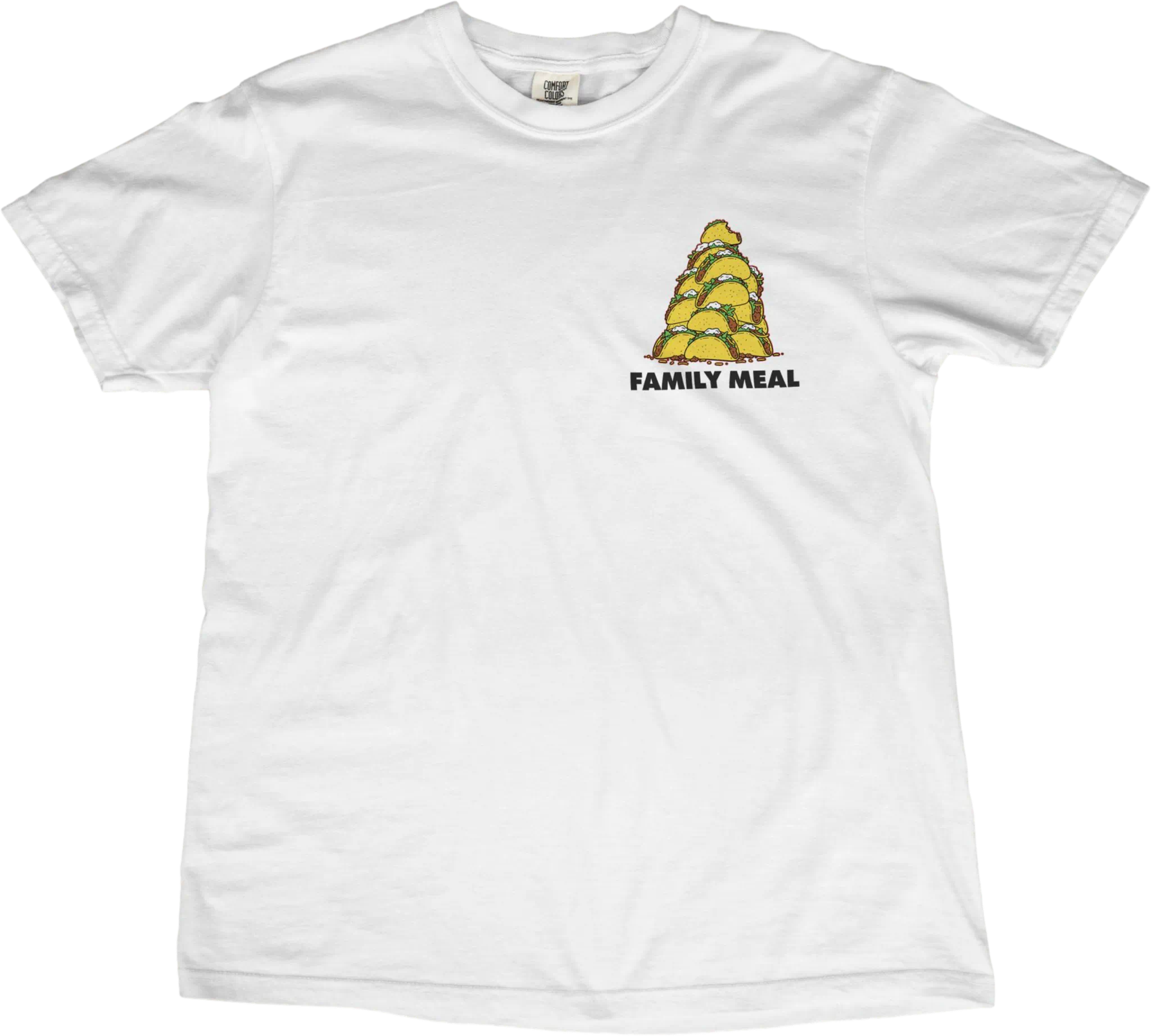 White t-shirt with a graphic of a cornucopia and 'Family Meal' text on a white background