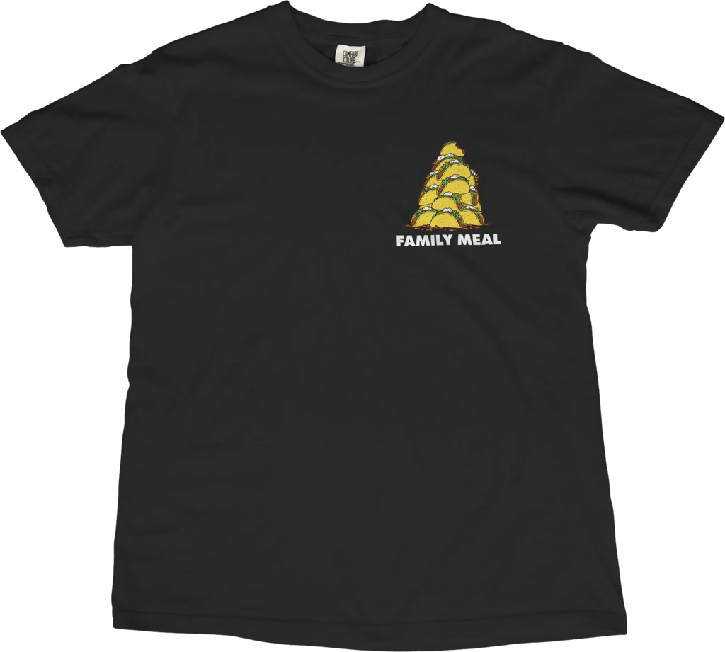 Black t-shirt with a yellow graphic and 'FAMILY MEAL' text on a white background