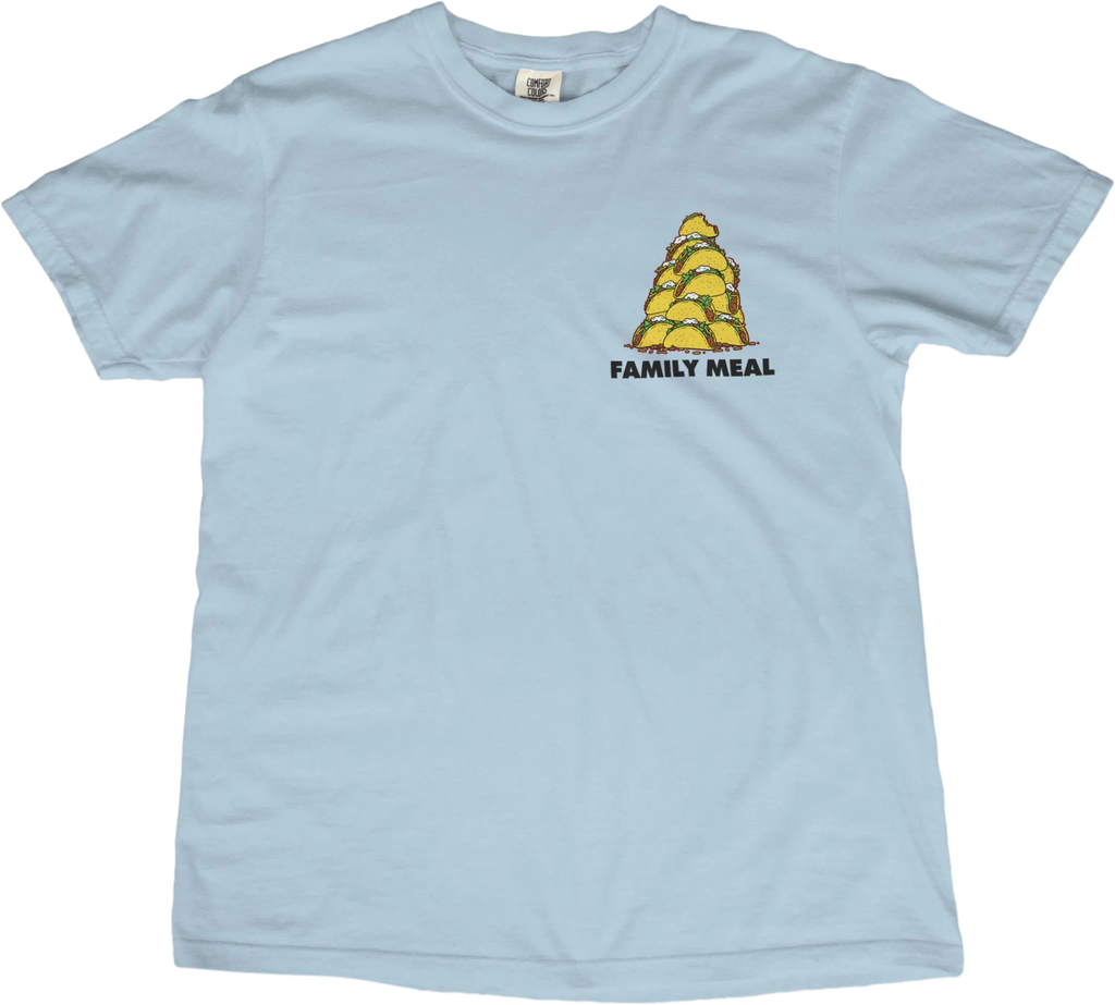Light blue t-shirt with a graphic of a yellow triangle and text on a white background