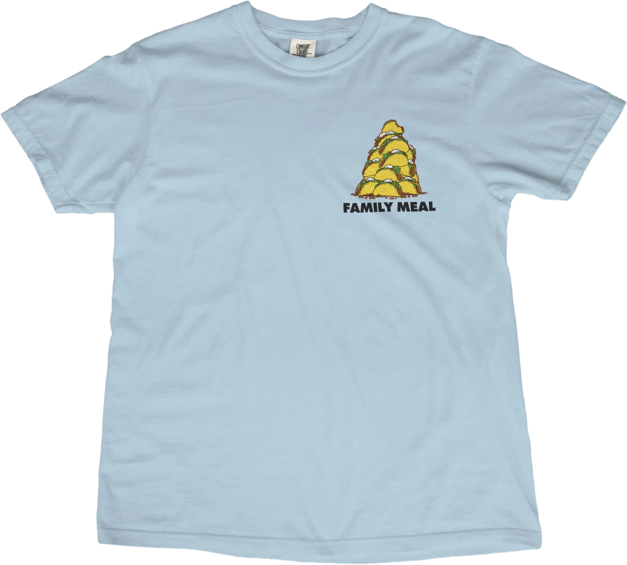Light blue t-shirt with a graphic of a yellow triangle and text on a white background
