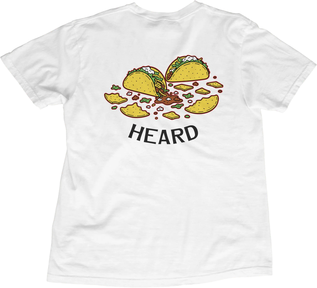 White t-shirt with taco graphic and 'HEARD' text on a white background