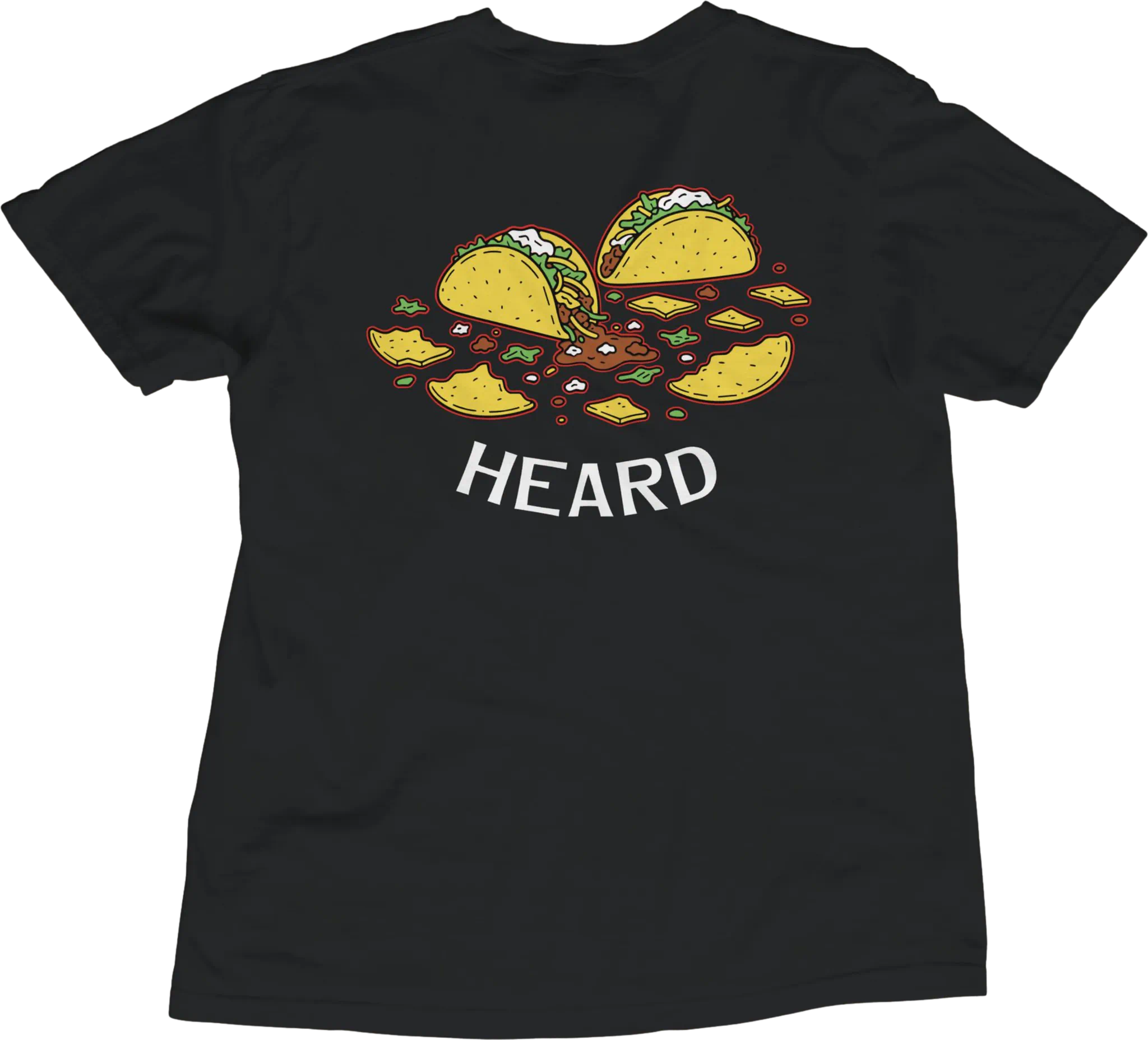 Black t-shirt with taco graphic and 'HEARD' text on a white background